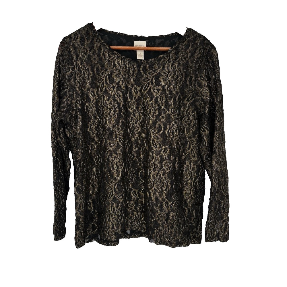 Chicos Womens Metallic Gold Lace Top Large Black Stretch Floral Cocktail Holiday